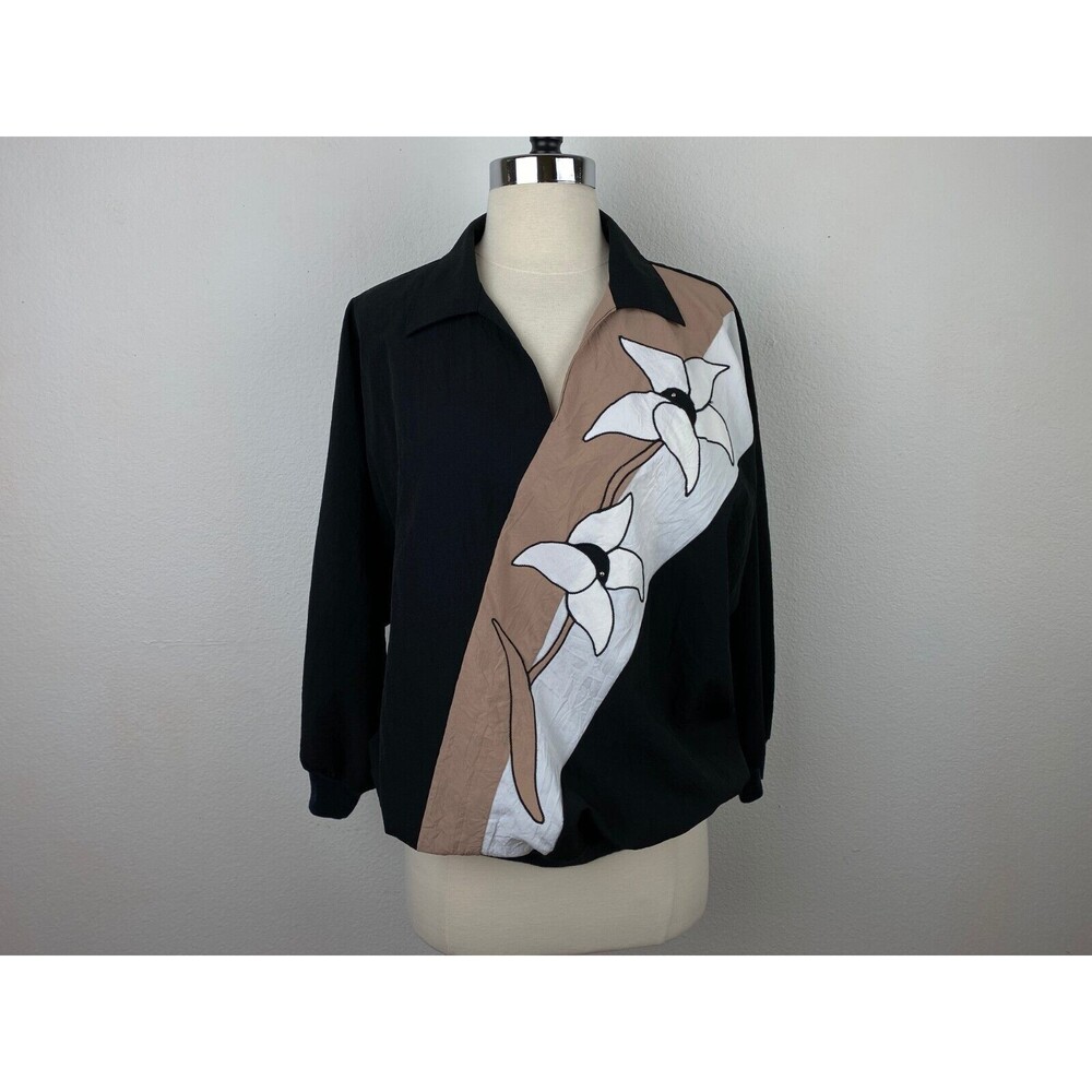 Vintage 80s Graff Bold Appliqué Blouse Large Pullover Black Tan White Western